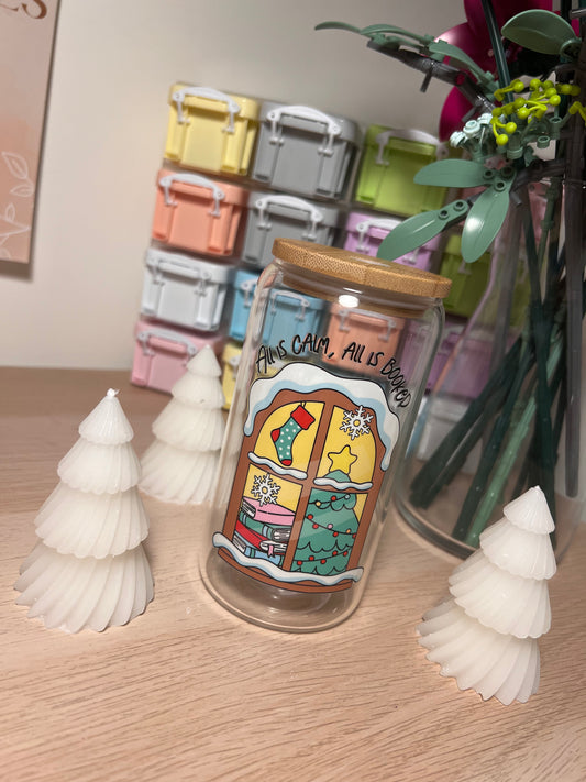 All is Calm, All is Booked 16oz Glass Tumbler